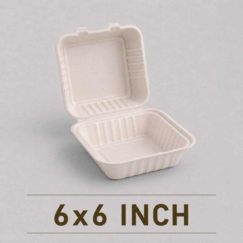 6x6 Inch Bagasse Clamshell Box – Eco-Friendly Snack Container