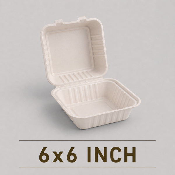 6x6 Inch Bagasse Clamshell Box – Eco-Friendly Snack Container