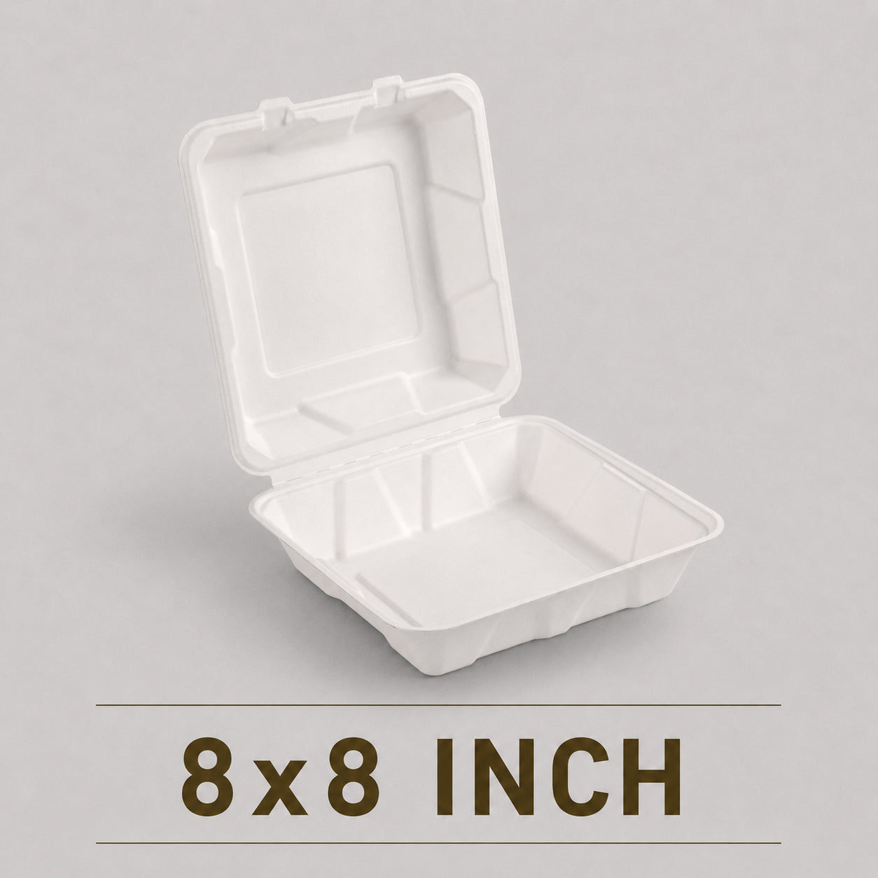 8x8 Inch Bagasse Clamshell Box – Compostable Meal Packaging Container