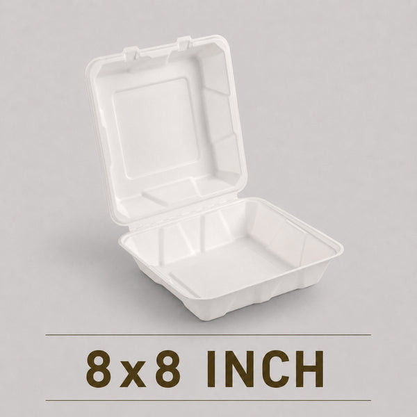 8x8 Inch Bagasse Clamshell Box – Compostable Meal Packaging Container