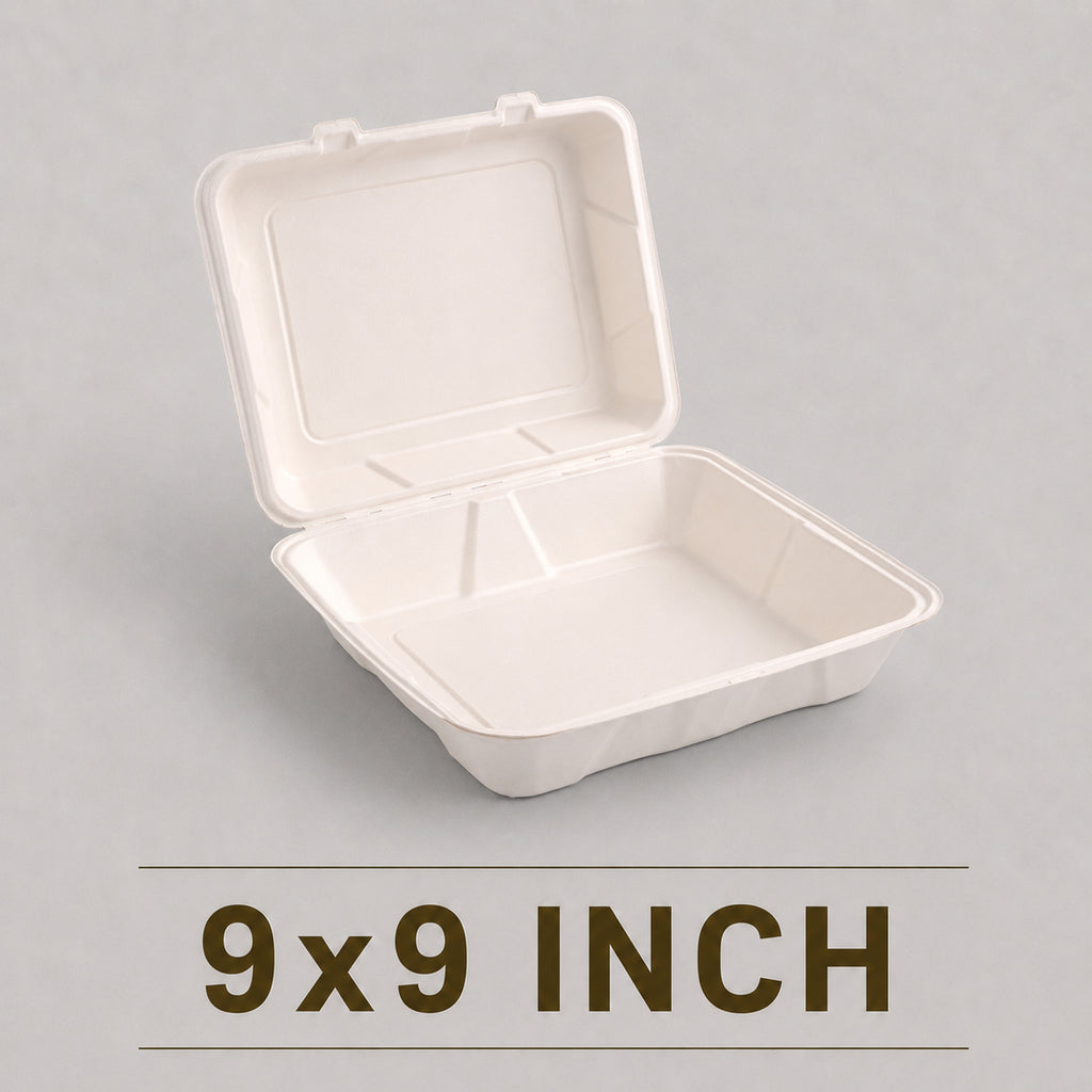 9x9 Inch Bagasse Clamshell Box – Heavy Duty Compostable Meal Box