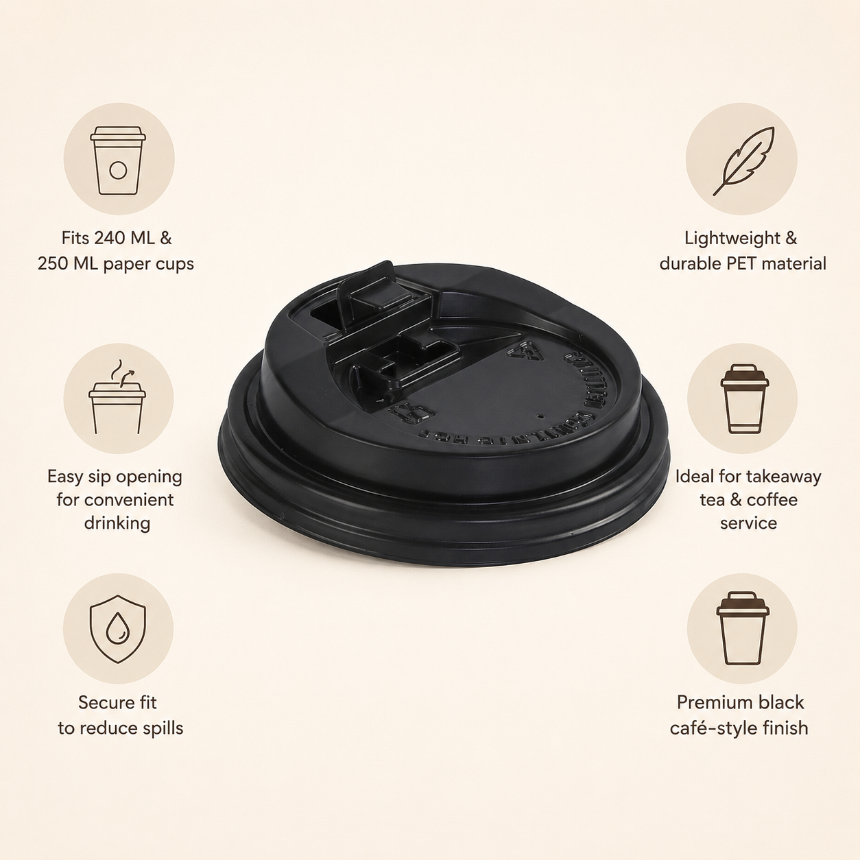 80 MM Black PET Coffee Lid – Lid for 240 ML/250 ML Paper Cup