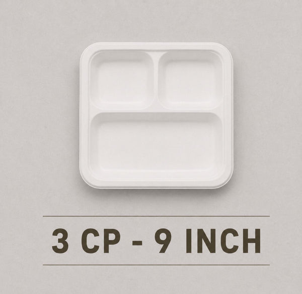 9 Inch 3 Compartment Bagasse Plate – Eco-Friendly Divided Meal Plate