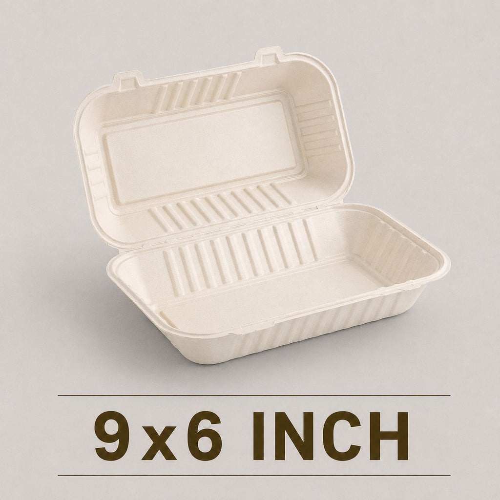 9x6 Inch Bagasse Clamshell Box – Eco-Friendly Takeaway Food Box