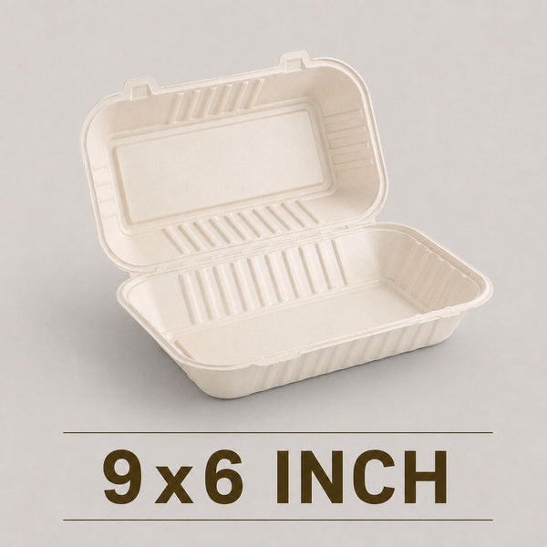 9x6 Inch Bagasse Clamshell Box – Eco-Friendly Takeaway Food Box