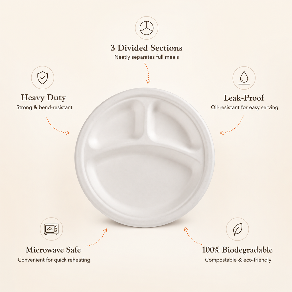 9 Inch 3 Compartment Bagasse Plate – Eco-Friendly Divided Meal Plate