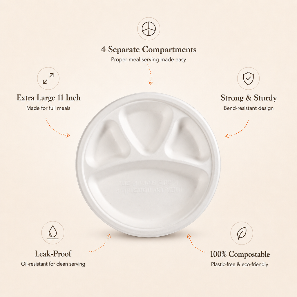 11 Inch 4 Compartment Bagasse Plate – Eco-Friendly Divided Dinner Plate
