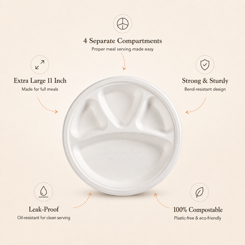 11 Inch 4 Compartment Bagasse Plate – Eco-Friendly Divided Dinner Plate