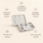 5 Compartment Bagasse Meal Tray with Lid – Eco-Friendly Food Delivery Tray