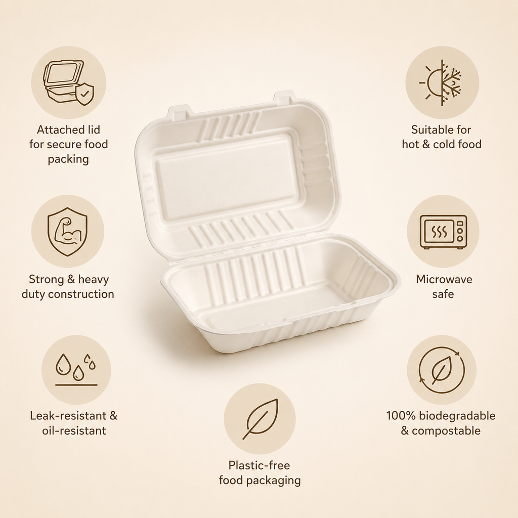 9x6 Inch Bagasse Clamshell Box – Eco-Friendly Takeaway Food Box