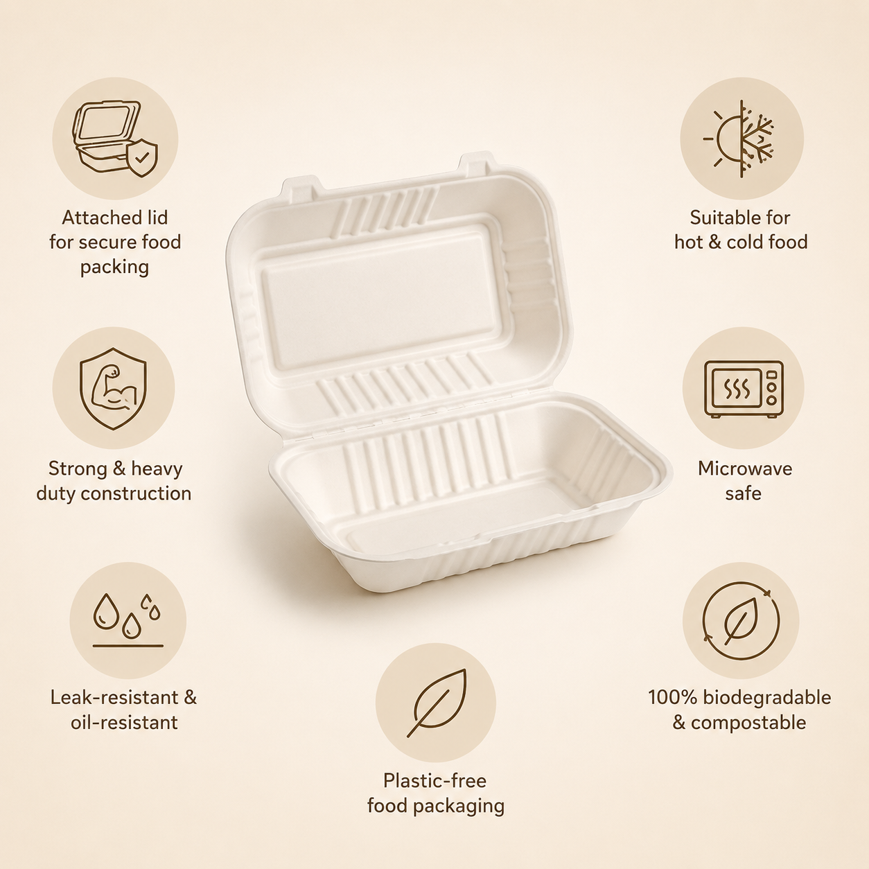 9x6 Inch Bagasse Clamshell Box – Eco-Friendly Takeaway Food Box