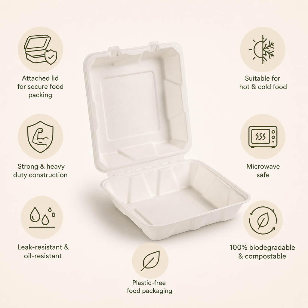9x9 Inch Bagasse Clamshell Box – Heavy Duty Compostable Meal Box