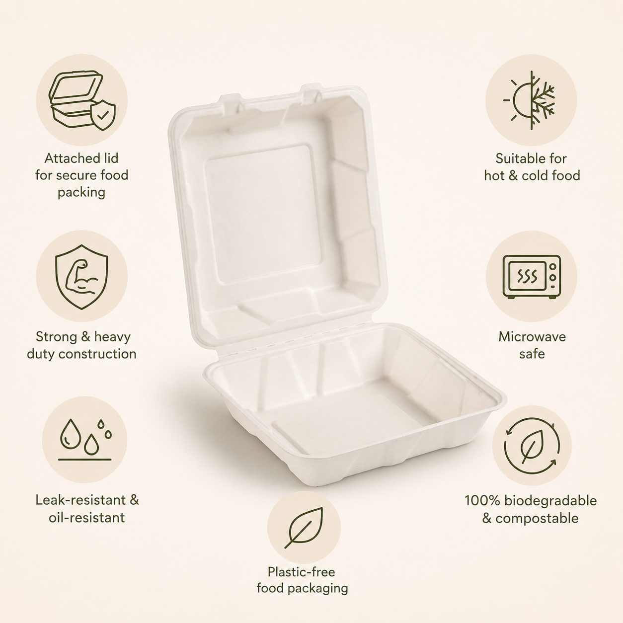 9x9 Inch Bagasse Clamshell Box – Heavy Duty Compostable Meal Box