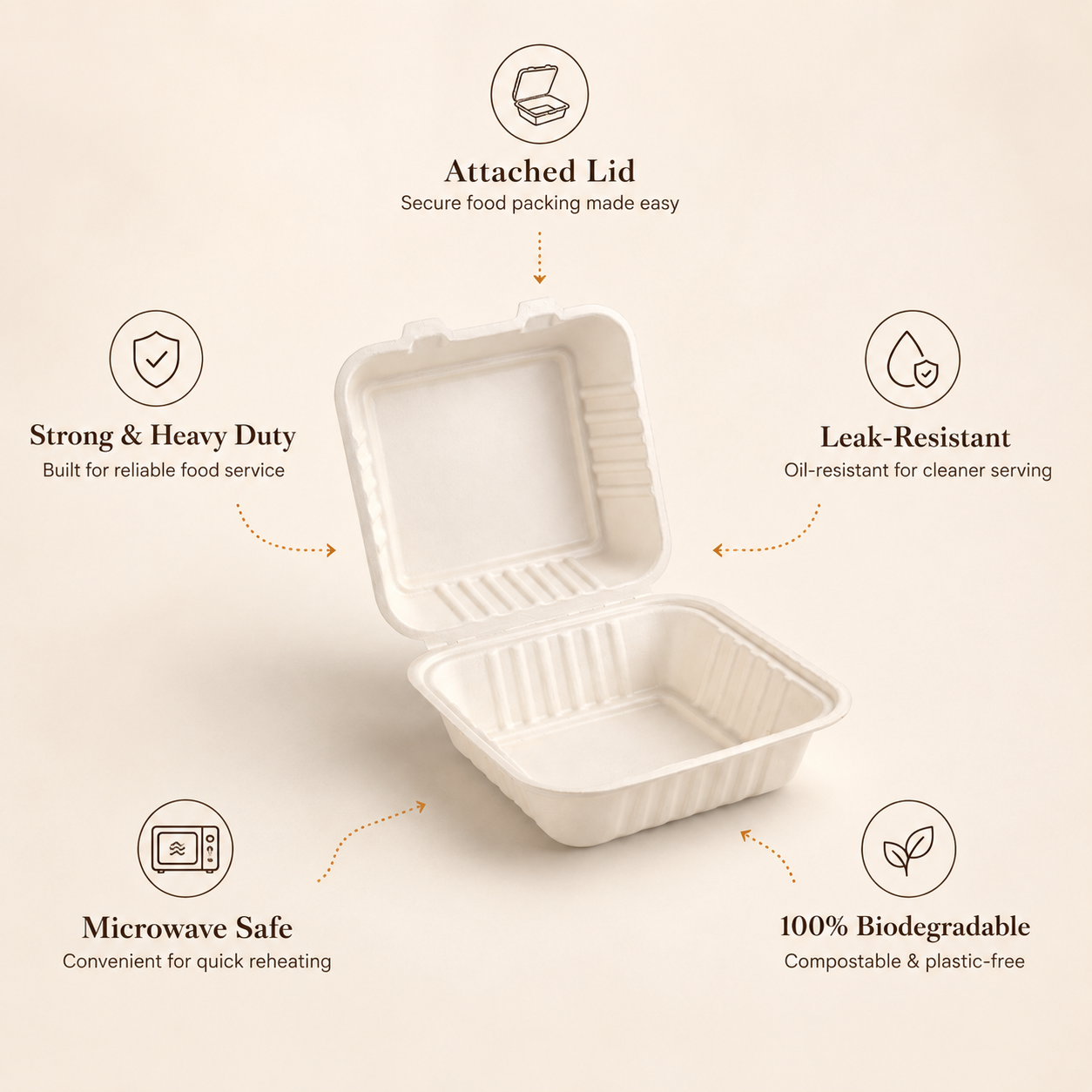 6x6 Inch Bagasse Clamshell Box – Eco-Friendly Snack Container