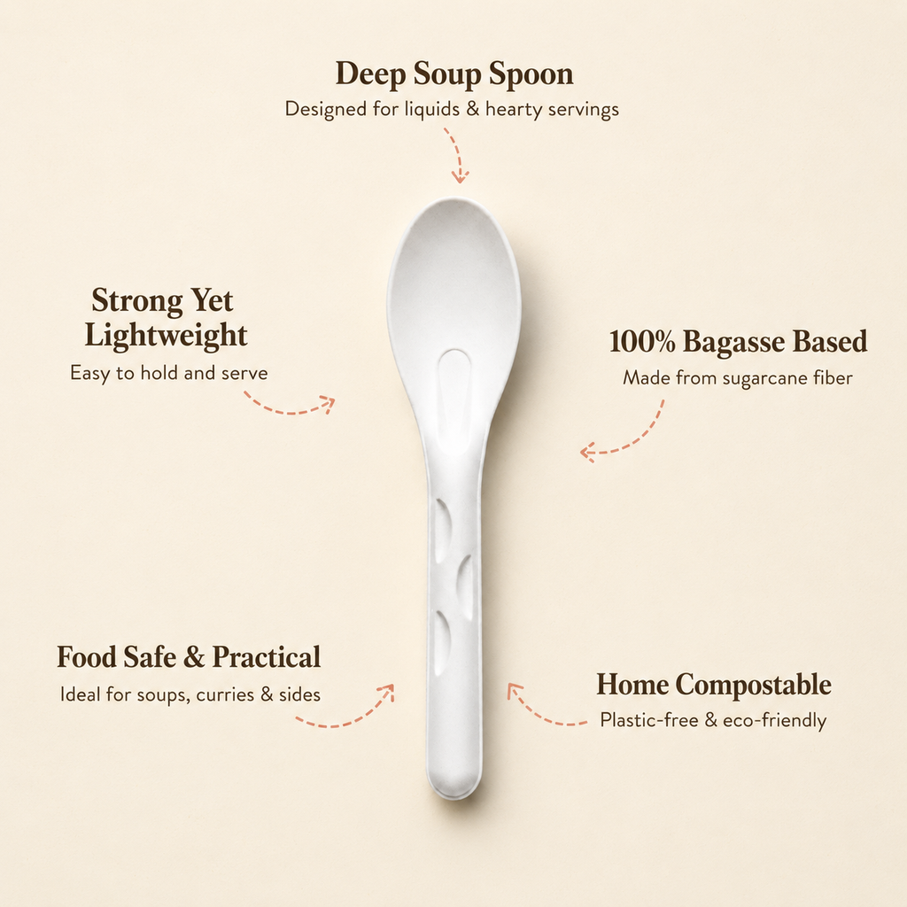 16 CM Deep Bagasse Soup Spoon – Eco-Friendly Spoon for Soup, Dal & Desserts