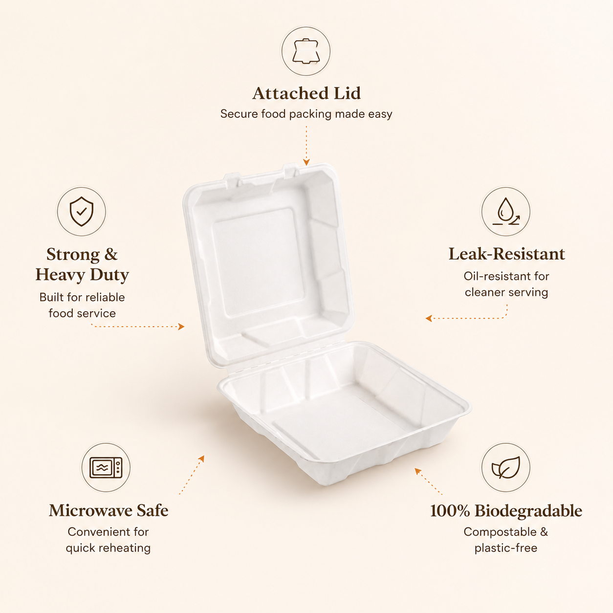8x8 Inch Bagasse Clamshell Box – Compostable Meal Packaging Container