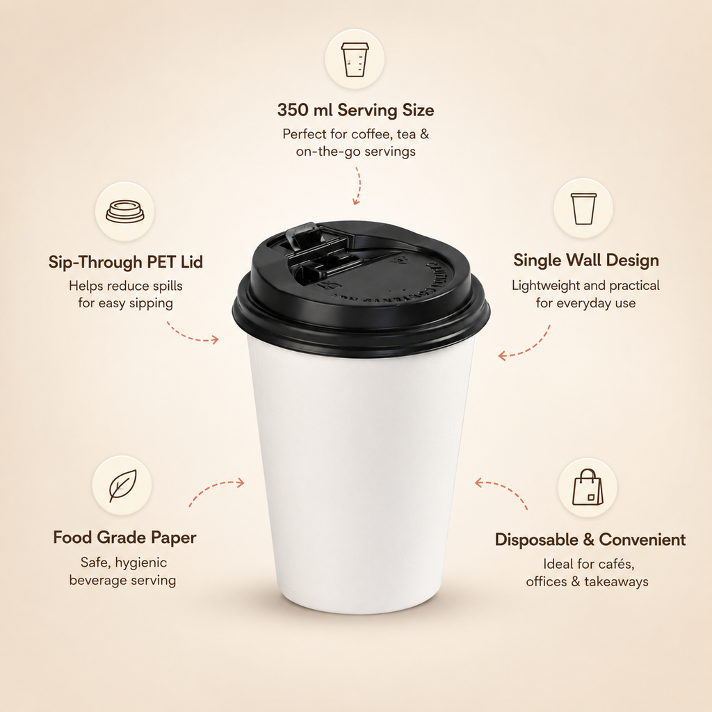 350 ML Single Wall White Paper Cup with Straw Lid – Eco-Friendly Beverage Cup